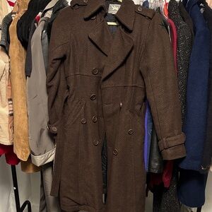 Wool Spiewak Dark Black and Brown Herringbone Belted Trench Coat